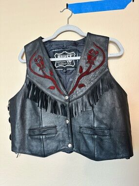 Genuine Leather Black Fringe Vest with Red Rose Appliqué